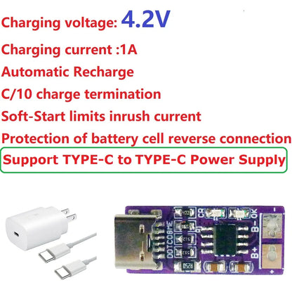 USB-C PD QC FCP 5V to 4.2V 1A Li-ion Li-Po Battery Charger Module for 3.7V 18650 Cells
