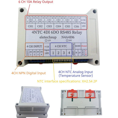 N4A4I06 4AI-4DI-6DO NTC Temperature Collector – 14CH RS485 Modbus RTU PLC IO Expansion Board with 10A Relay Output for Industrial Automation
