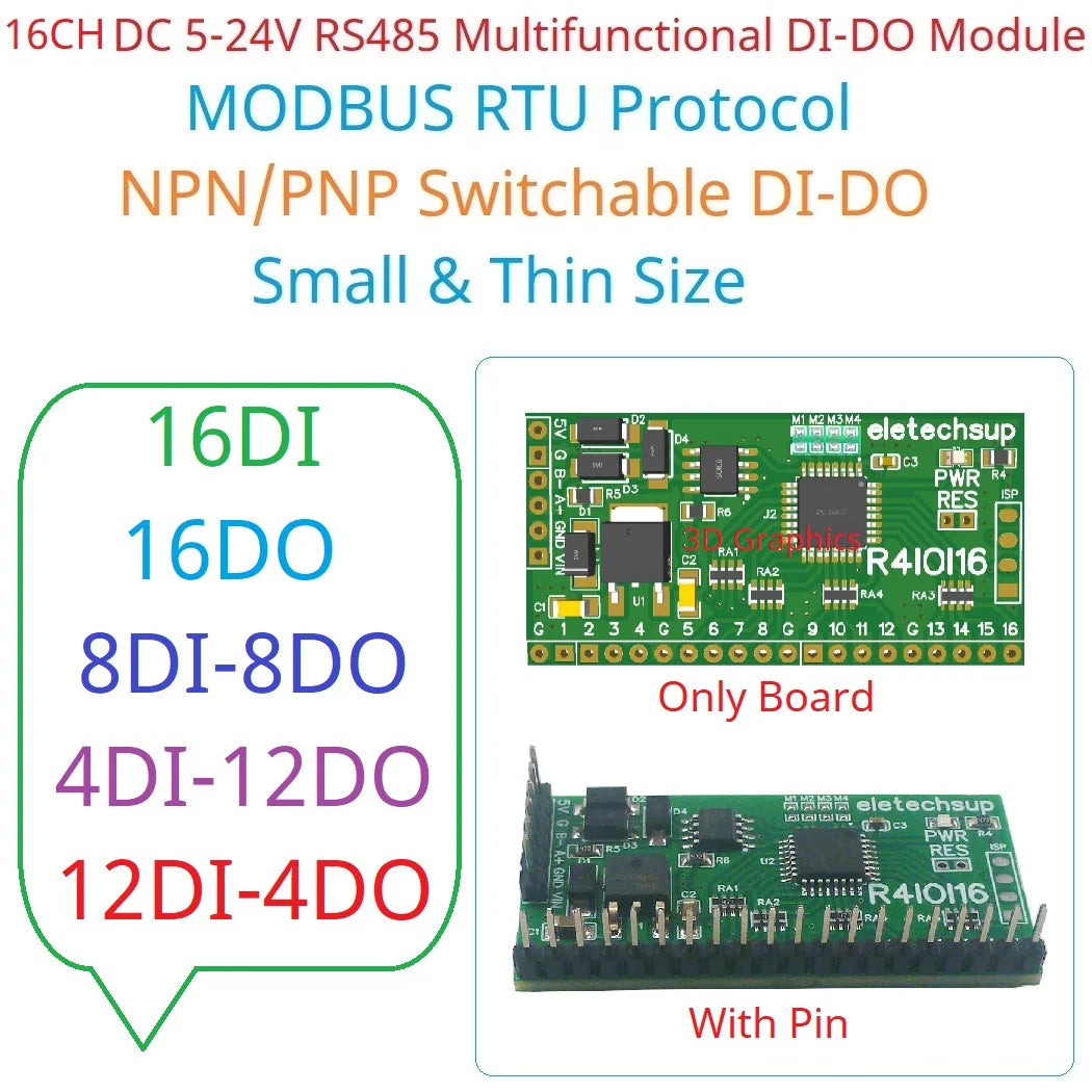 Modbus RTU Digital I/O RS485 Board – 16DI/16DO/8DI-8DO/4DI-12DO/12DI-4DO Selectable for Arduino ESP32 ESP8266 PLC Smart Home