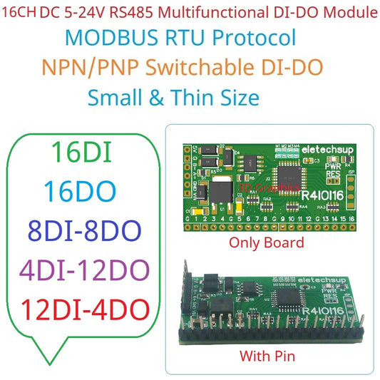 R4IOI16 Modbus RTU Digital I/O RS485 Board – 16DI/16DO/8DI-8DO/4DI-12DO/12DI-4DO Selectable for Arduino ESP32 ESP8266 PLC Smart Home