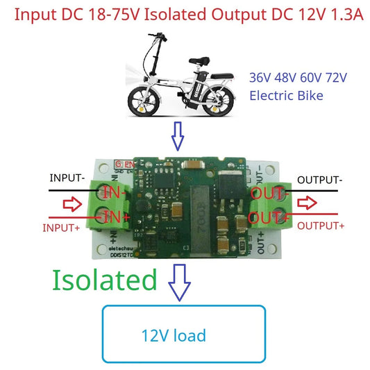 DDIS12TD 36V 48V 60V to 12V 1.3A Isolated DC-DC Converter – 18-75V Step-Down Regulator Module with Isolation Protection for E-Bike Solar UPS