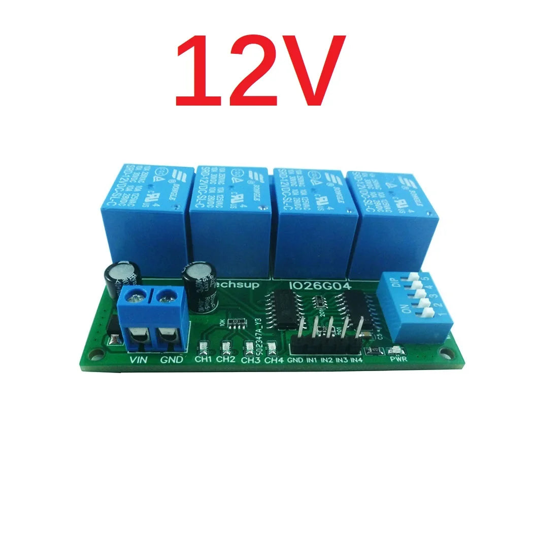 IO26G04 4CH Multifunction Delay Relay Module – DC 5V/12V/24V Timer Switch with Flip-Flop Latch Self-Locking Interlock for PLC Power Sequencer