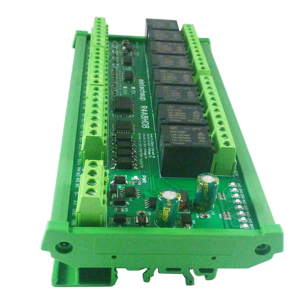 R4A8H08 RS485 Modbus RTU PLC I/O Module with 8 Relay Outputs, 4 Digital Inputs and 8 Analog Inputs for 4–20mA and 0–10V Signals