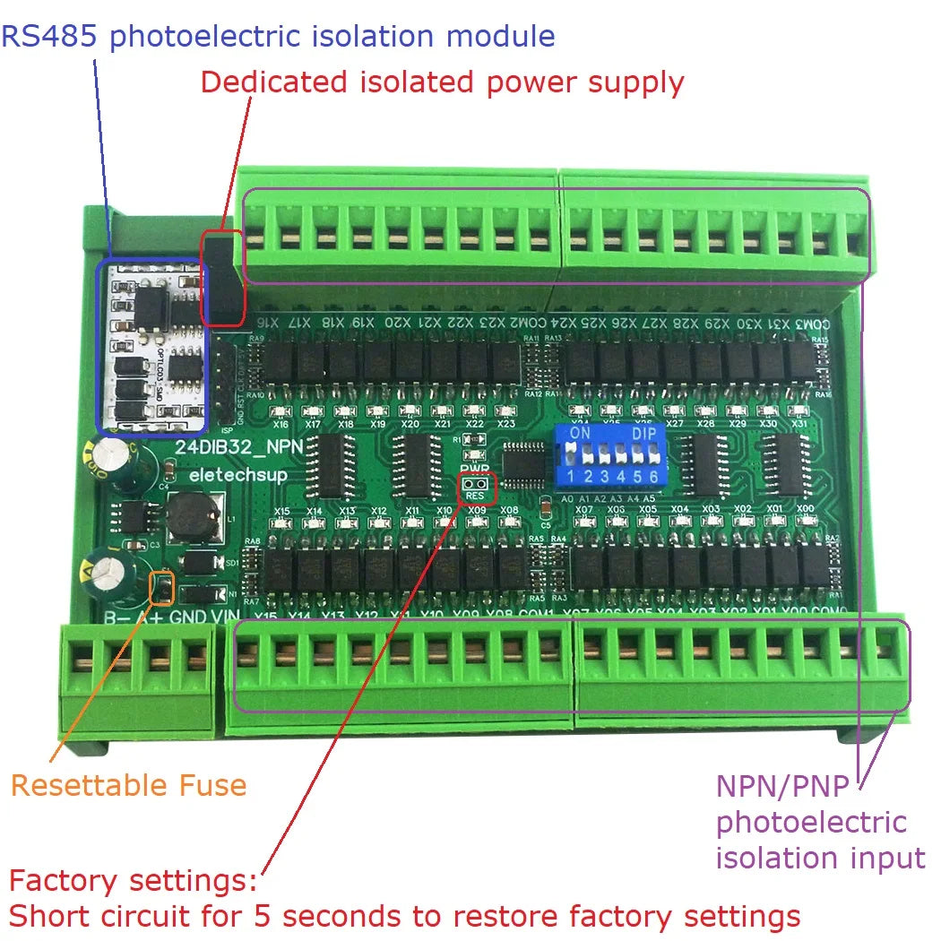 24DIA16/24DIB32/24DIC48 16-48CH Digital Input Module – NPN/PNP Switch PLC IO Expansion Board with 3000VDC Isolation RS485 Modbus RTU