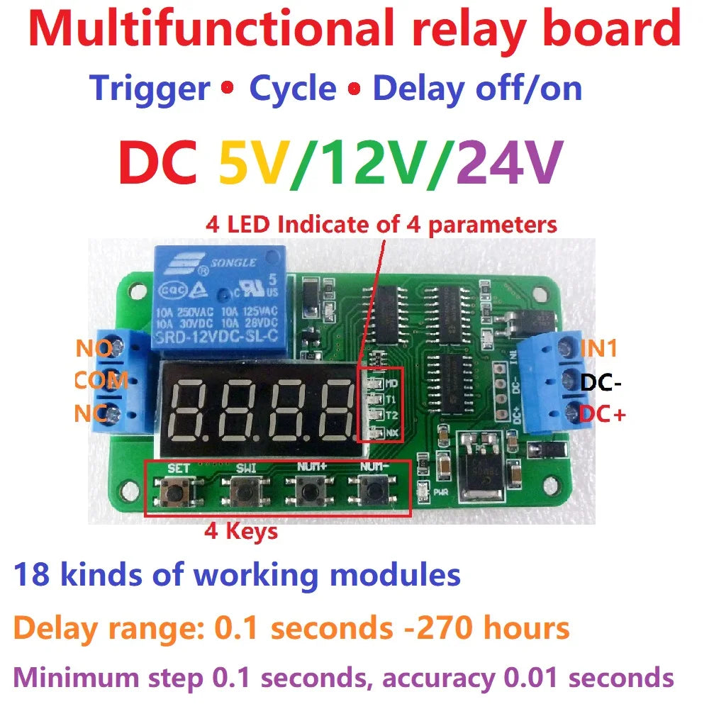 CE030 18-Mode Multifunction Timer Relay – DC 5-24V 10A Programmable Delay Switch with 0.1s-270h Adjustable Time for PLC Smart Home