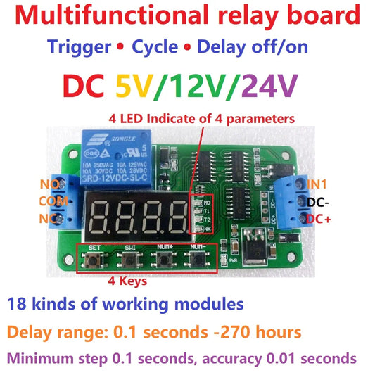 CE030 18-Mode Multifunction Timer Relay – DC 5-24V 10A Programmable Delay Switch with 0.1s-270h Adjustable Time for PLC Smart Home