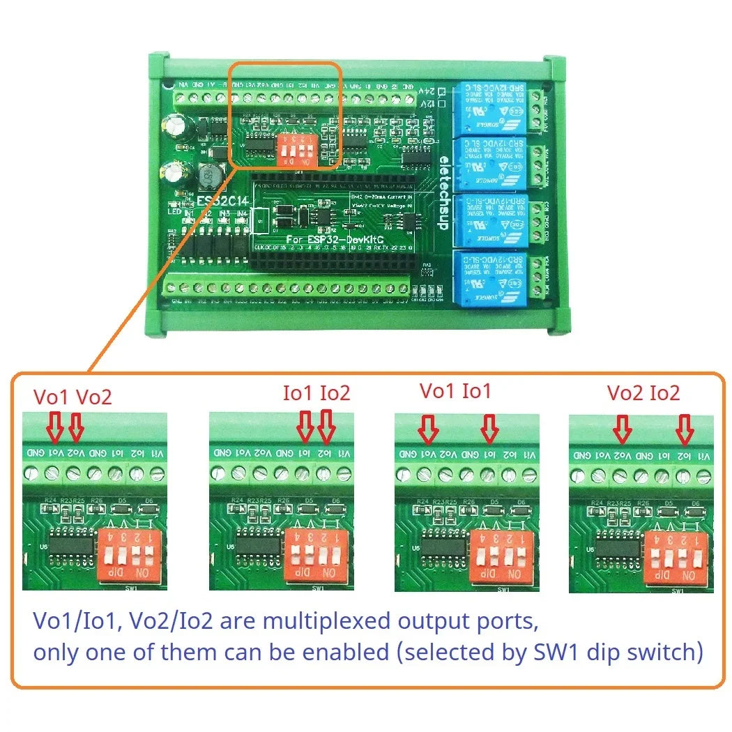 ES32C14 Industrial ESP32 Wi-Fi Ethernet Relay Control Board with Analog and Digital I/O, Modbus TCP/RTU Automation Expansion Module