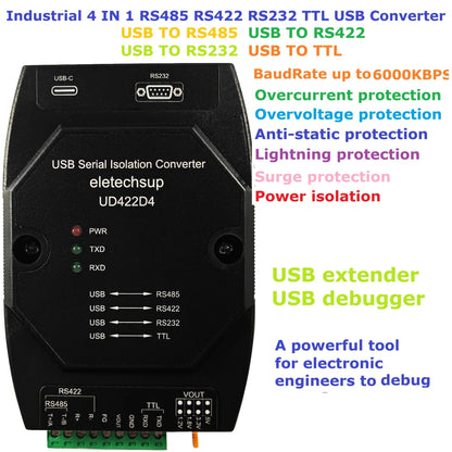 UD422D4 4-in-1 USB Debugger – RS485/RS422/RS232/TTL Converter with High-Speed Isolation & Lightning Protection for PLC MCU Arduino