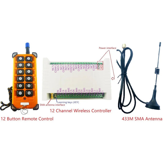 RC44B12+RF34C12 12CH 433MHz 20dBm FSK Rolling Code Wireless Relay Kit – Moisture Proof Garage Door & Smart Home Controller